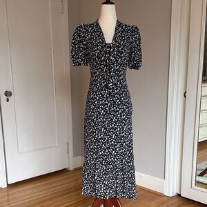Reformation Black and White Floral Tie-Front Midi Dress with Puff Sleeves